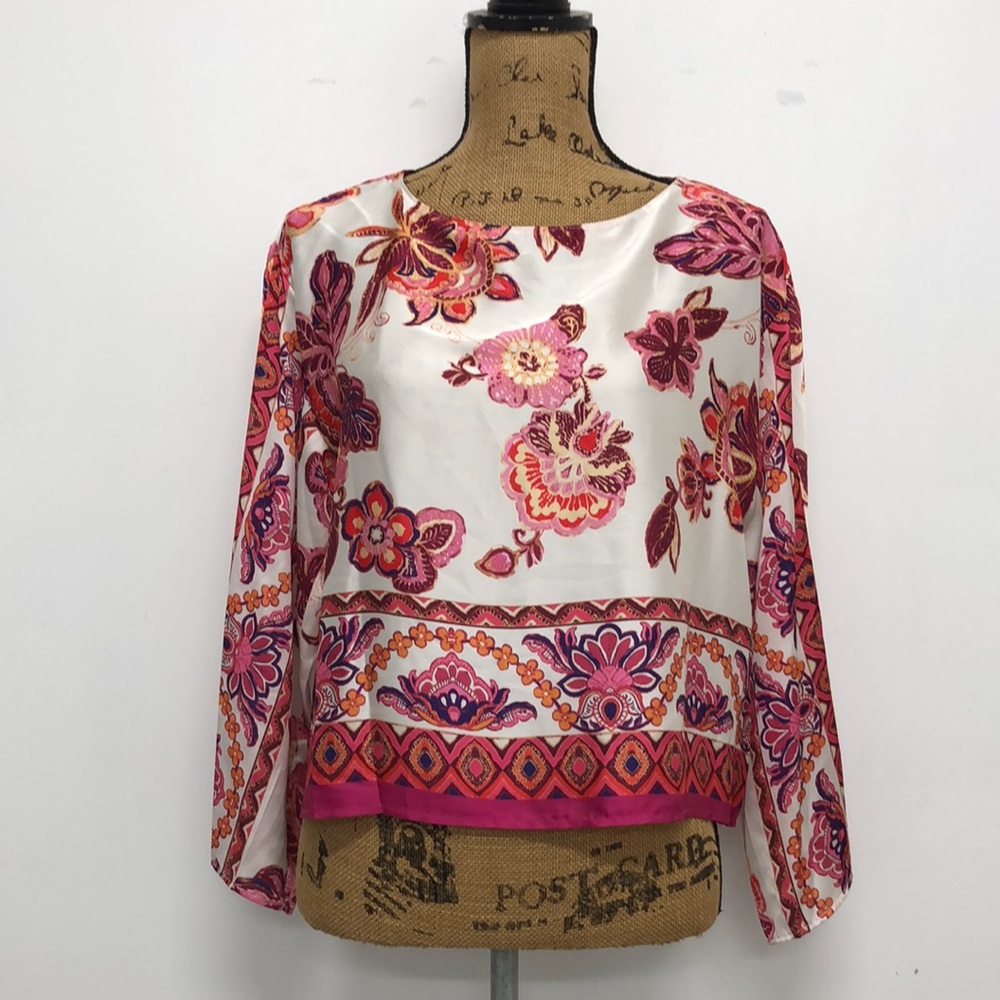 Magaschoni Pink and White Boho Floral Top Blouse Size Small NWT